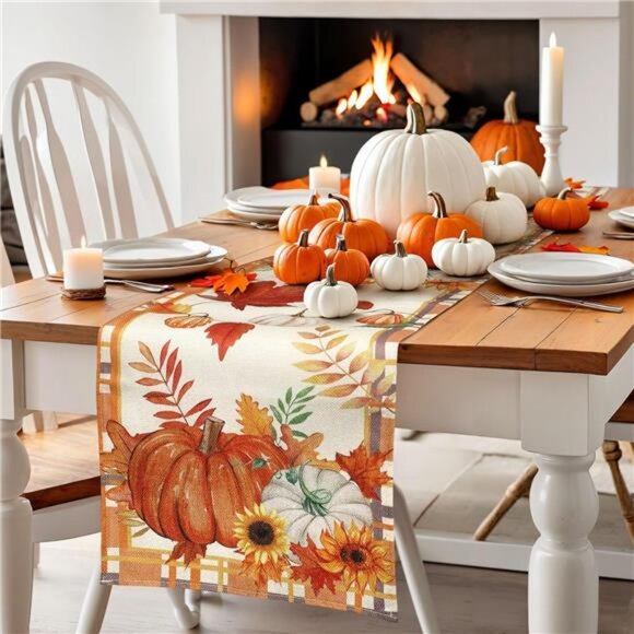 Fall Table Runner, Plaid Pumpkin Maple Leaves Table Runners for Autumn Harvest - Picture 2 of 7